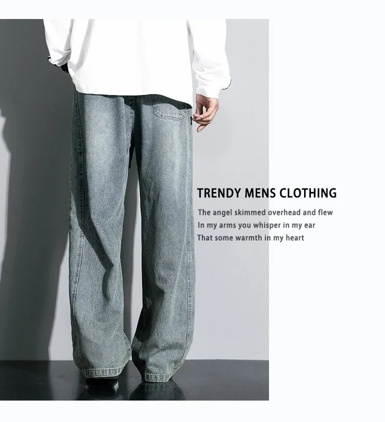 Autumn New Wide Leg Washing Jean Pants Men Trousers Neutral Solid Color Loose Casual Straight Outdoor Fashion Pants Big Size 8xl