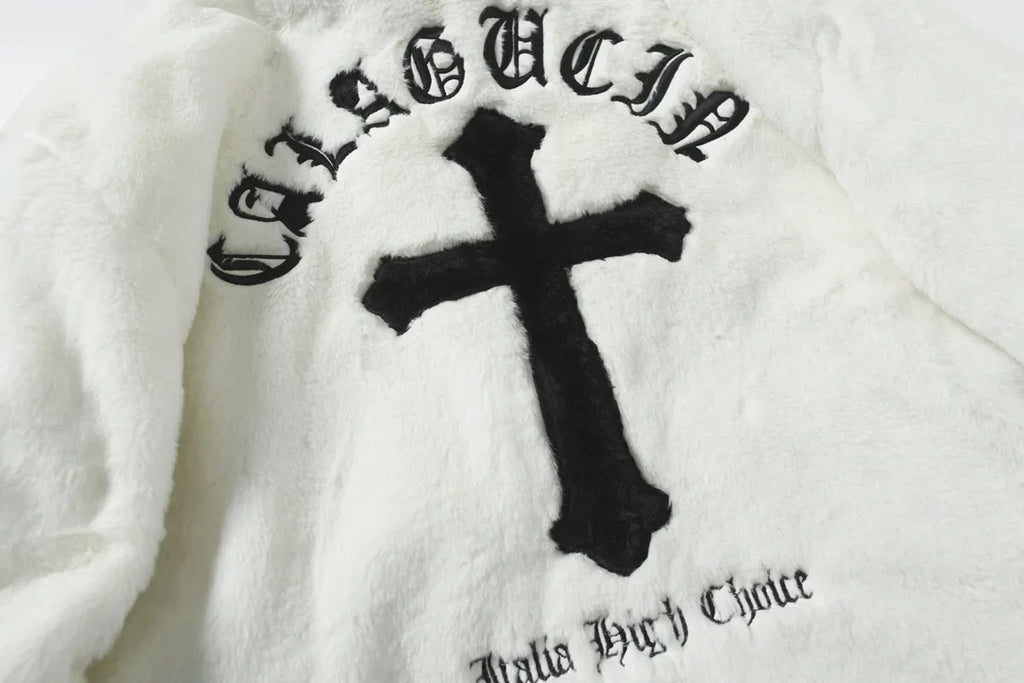 American Style New Hip-hop Embroidered Jacket Men's Imitation Rabbit Fur Stand Up Collar Unisex Loose Cotton Jacket