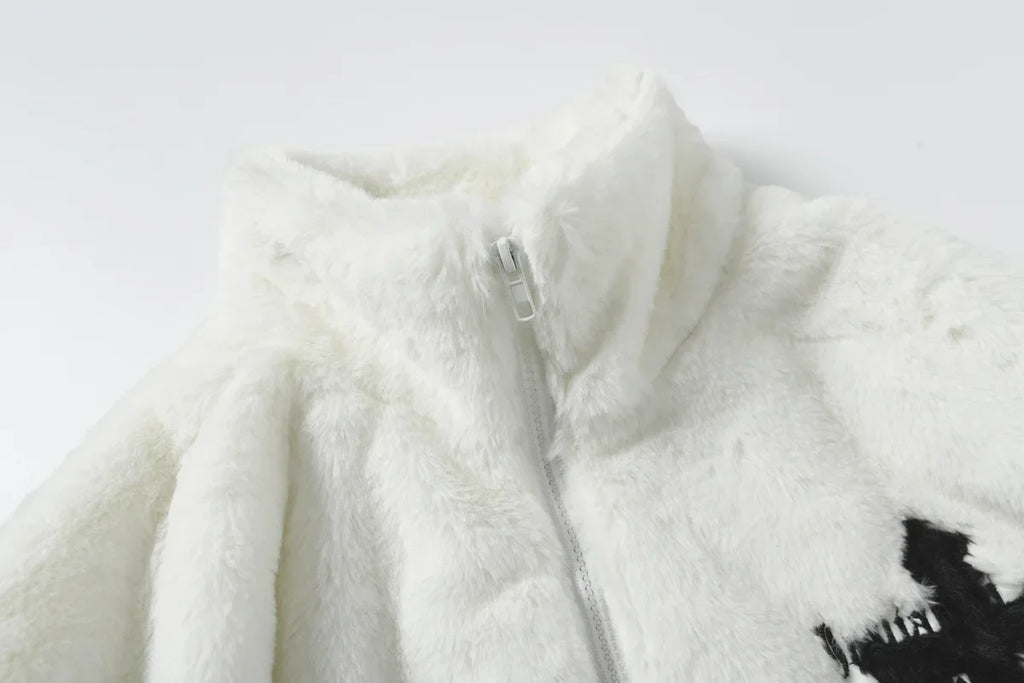 American Style New Hip-hop Embroidered Jacket Men's Imitation Rabbit Fur Stand Up Collar Unisex Loose Cotton Jacket