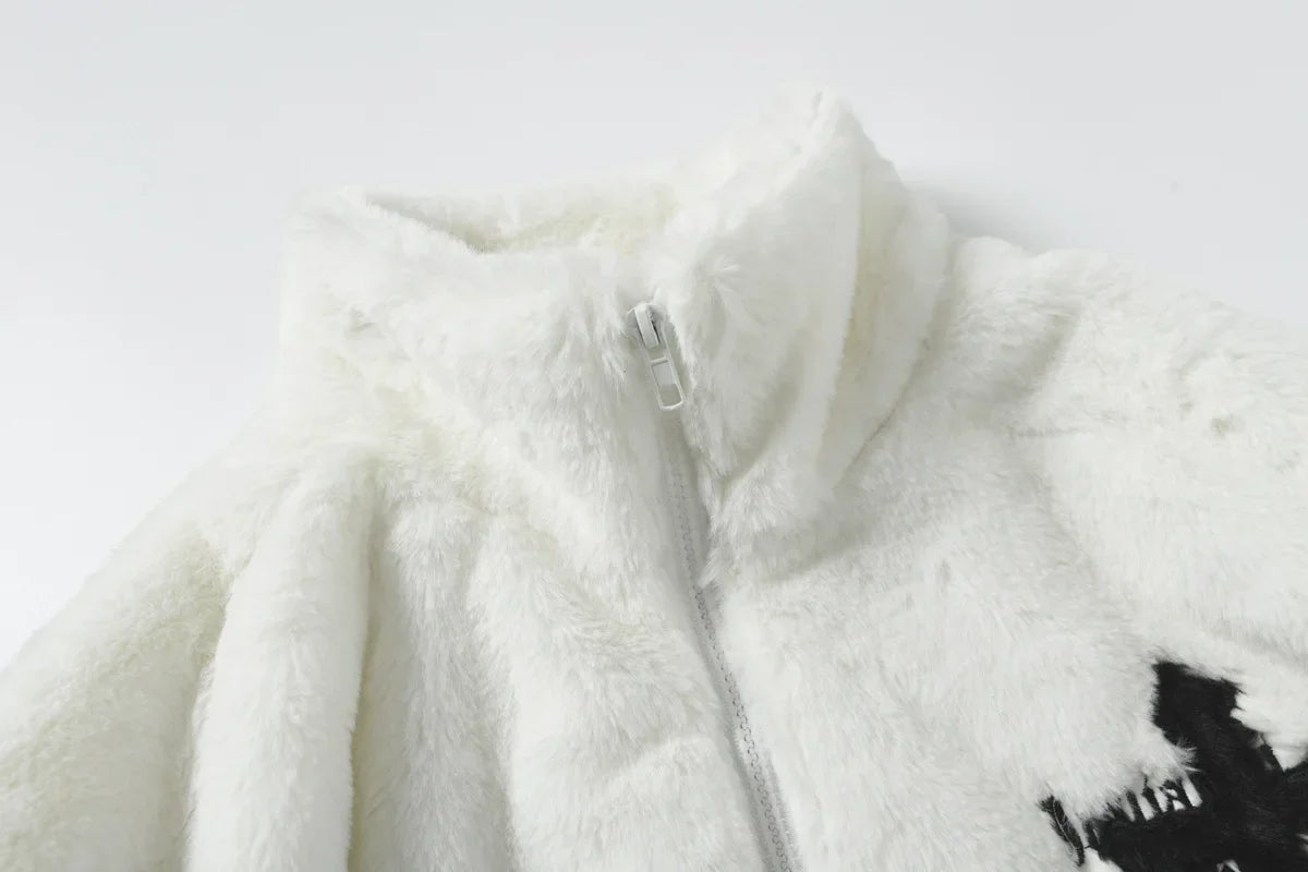 American Style New Hip-hop Embroidered Jacket Men's Imitation Rabbit Fur Stand Up Collar Unisex Loose Cotton Jacket