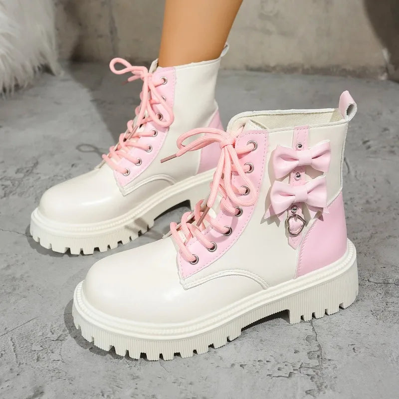 Bow Love Platform Single Boots Spring and Autumn New Round Toe Colorblock Front Lace-up Platform Short Boots
