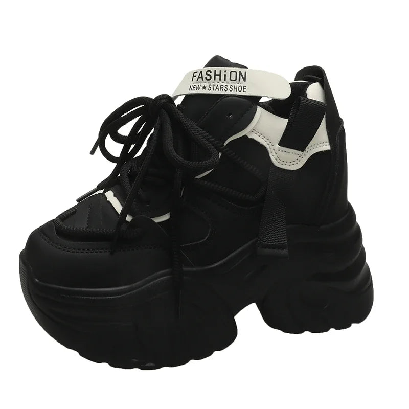 Women Walking Sneakers Autumn Lace-up High Platform Chunky Shoes Breathable Leather Shoes 10CM Winter Wedge Heels Casual Shoes