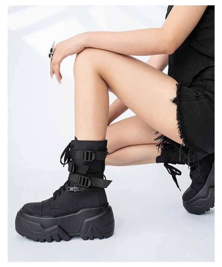 Women Ankle Booties Autumn Leather Chunky Shoes Woman High Platform Breathable Sneakers 9CM Thick Sole Wedges Motorcycles Boots