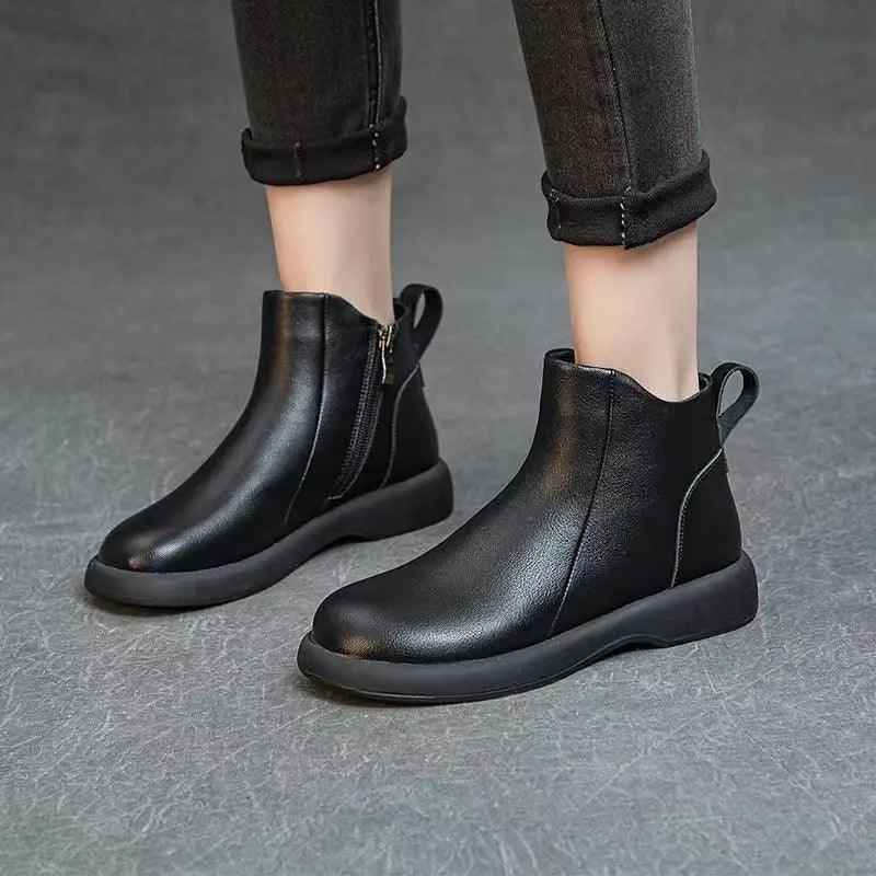 Booties Round Toe Leather Ankle Boots for Women Fur Woman Short Shoes Flat Fashion 2025 Chic and Elegant High Quality Autumn Hot