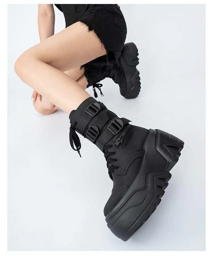 Women Ankle Booties Autumn Leather Chunky Shoes Woman High Platform Breathable Sneakers 9CM Thick Sole Wedges Motorcycles Boots
