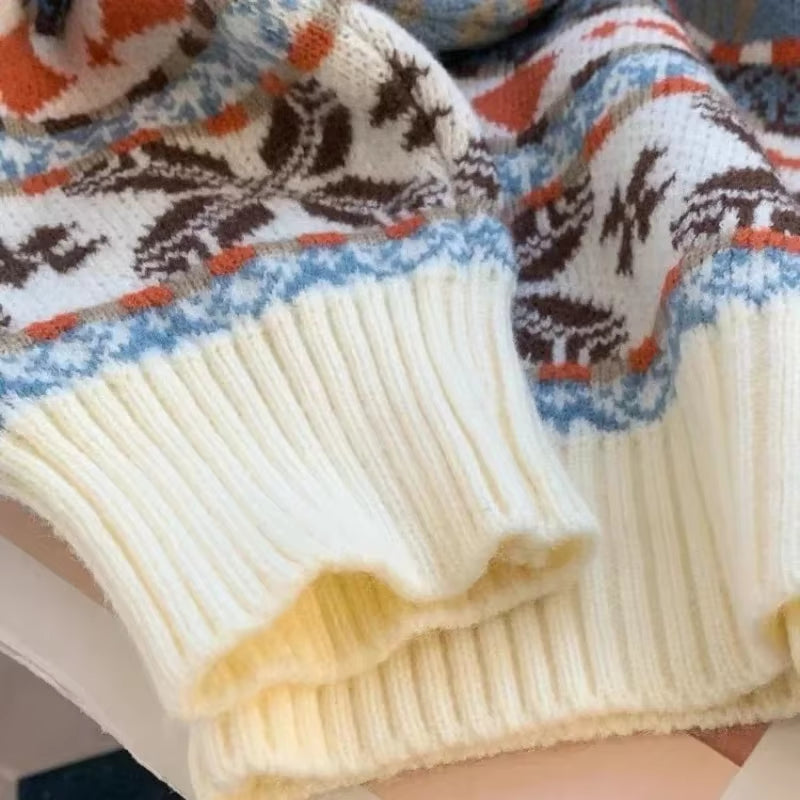 New Retro Christmas Outfit Men Deer Jacquard Sweater Autumn and Winter Loose Lazy Style Men and Women Sweater Men Clothing