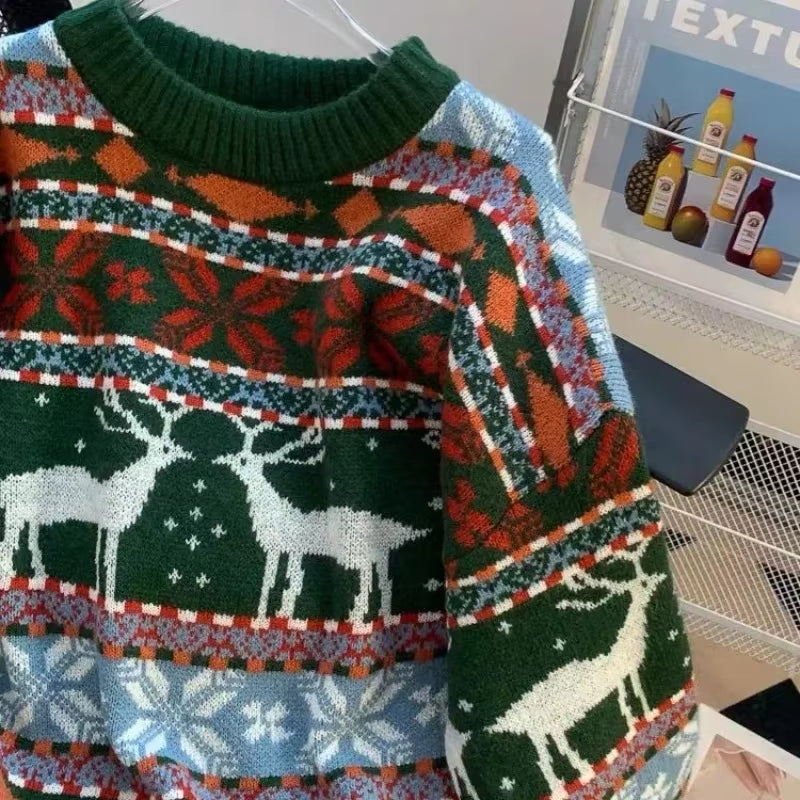 New Retro Christmas Outfit Men Deer Jacquard Sweater Autumn and Winter Loose Lazy Style Men and Women Sweater Men Clothing