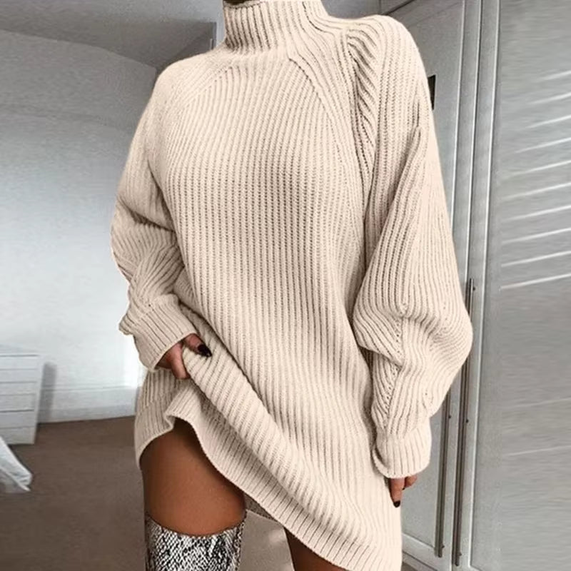 Women's Solid Color Loose Knitted Turtleneck Pullover Dress - Autumn Winter 2023 Collection