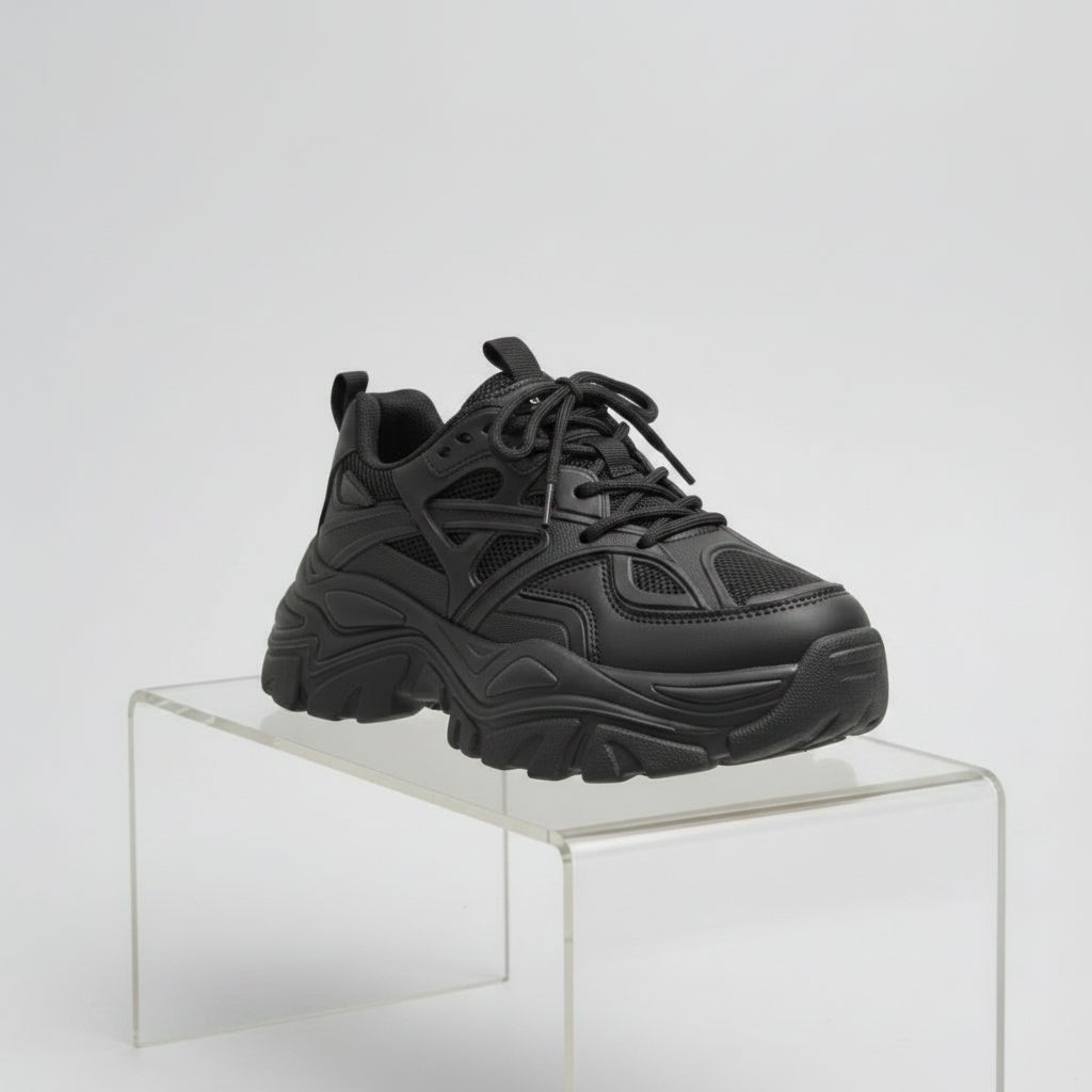 All Black Chunky Sneaker - Single on Clear Acrylic Stand