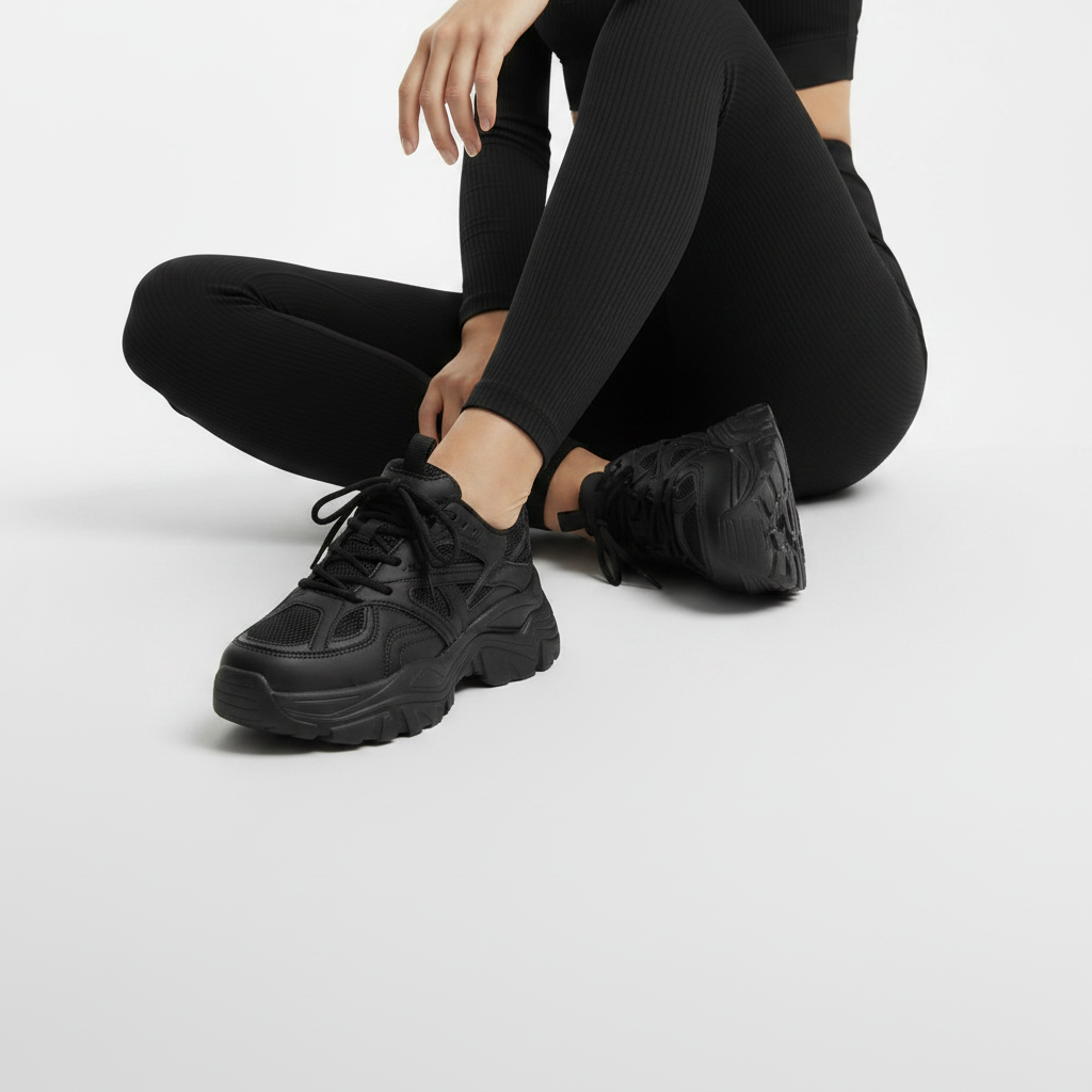 All Black Chunky Sneakers - Close-Up Lower Body Detail