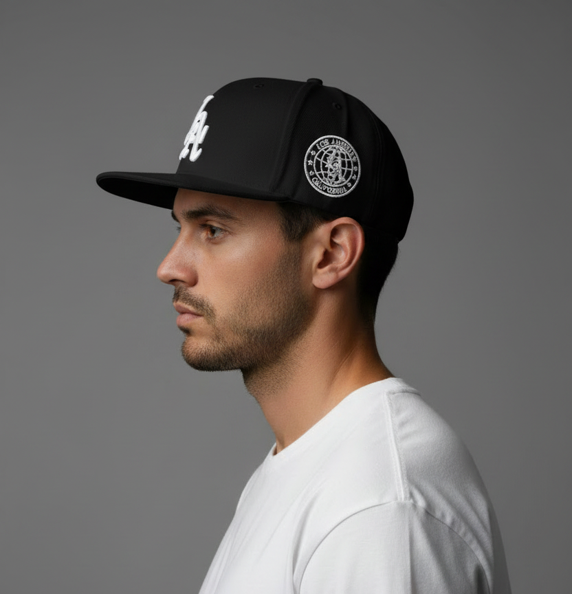Black LA Cap - Male Model Side Profile