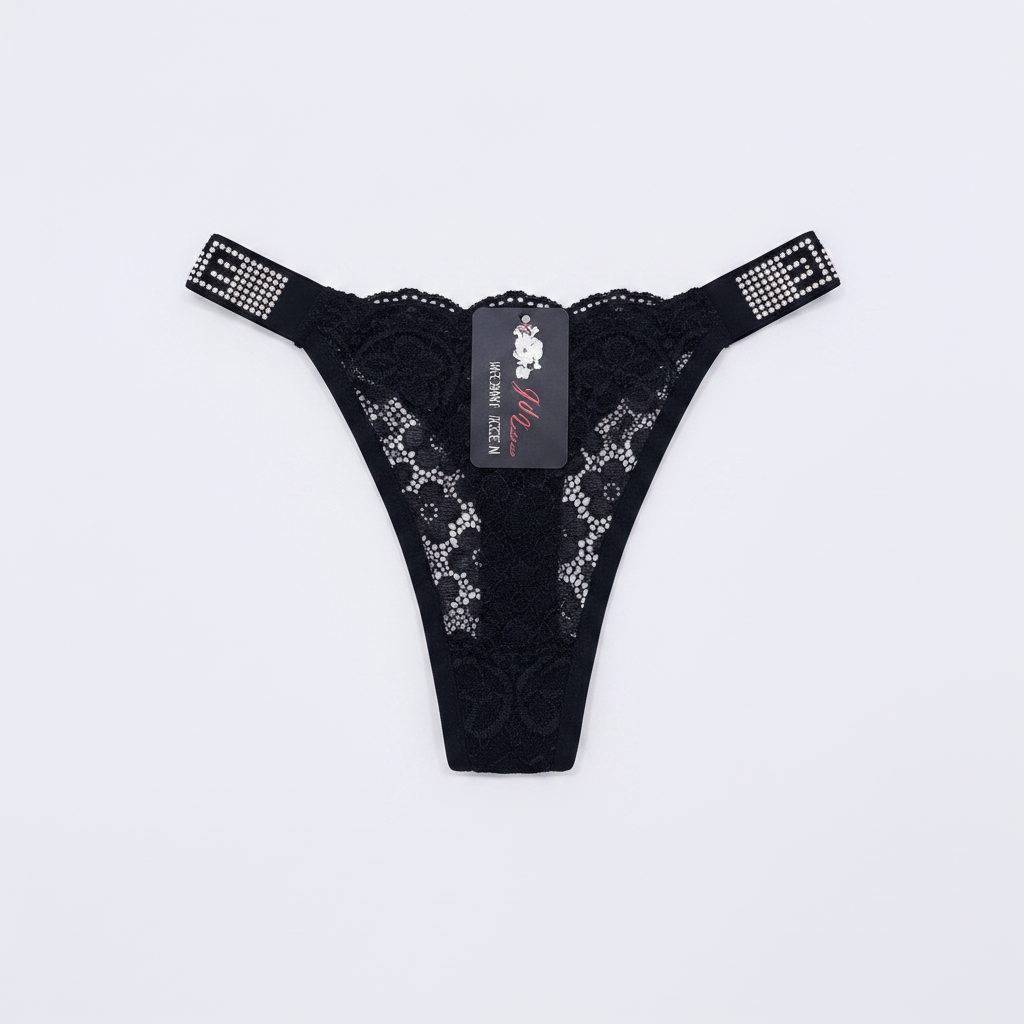 Black Lace Thong — Flat Lay