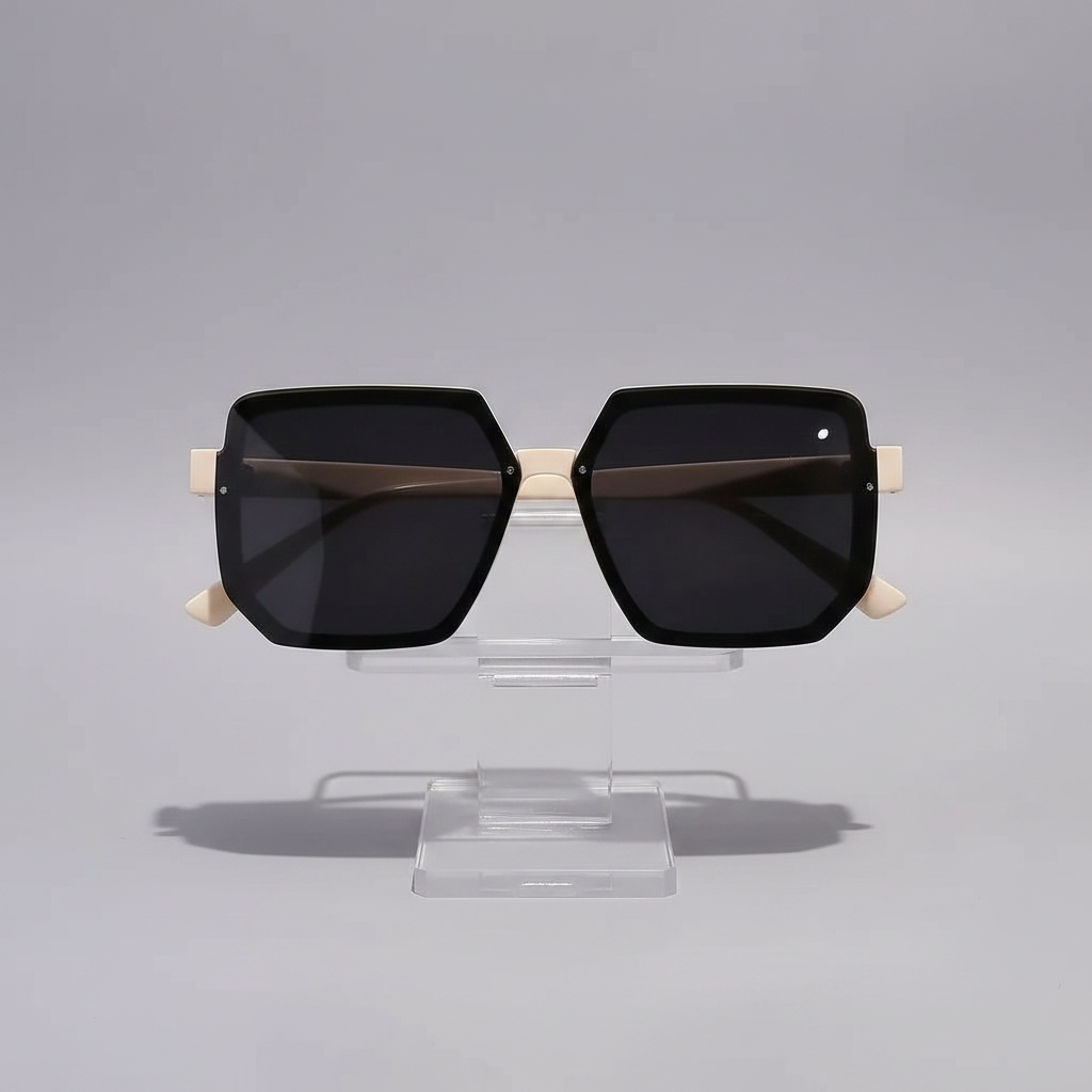 Black Lens Beige Frame Sunglasses - Acrylic Stand Grey Studio