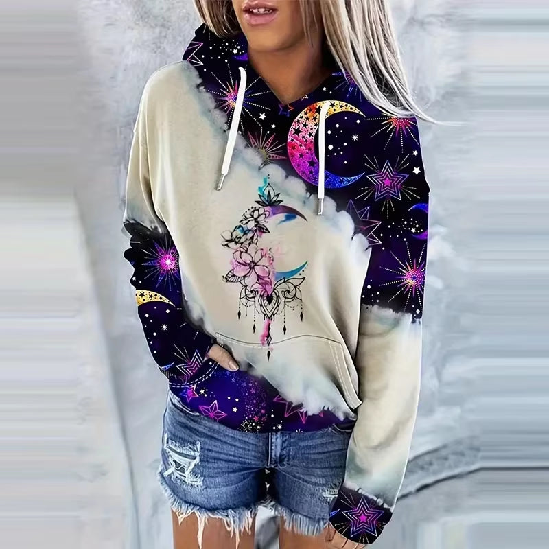 Moon Print Drawstring Hoodie Casual Long Sleeve Hooded Sweatshirt Women'S Clothing
