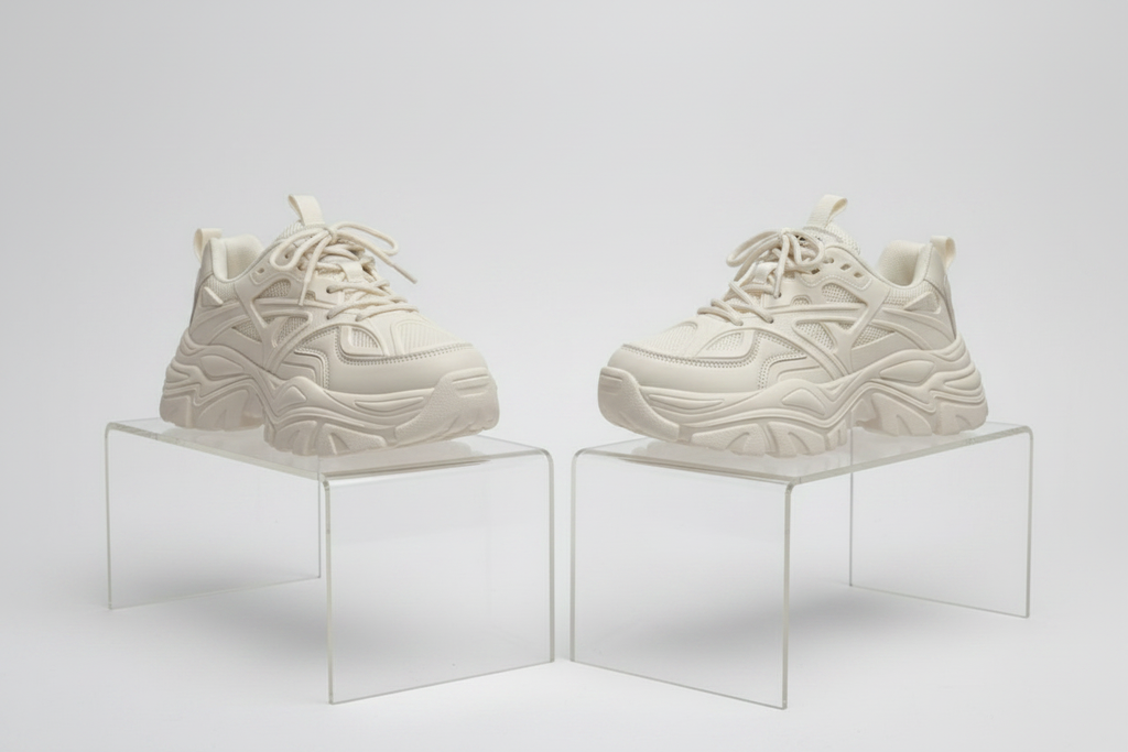 Cream Chunky Sneakers - Both Feet Pair Shot