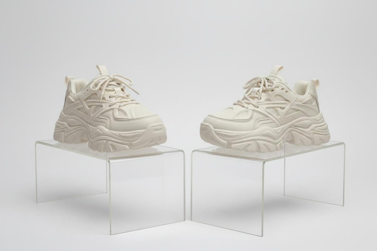 Cream Chunky Sneakers - Both Feet Pair Shot