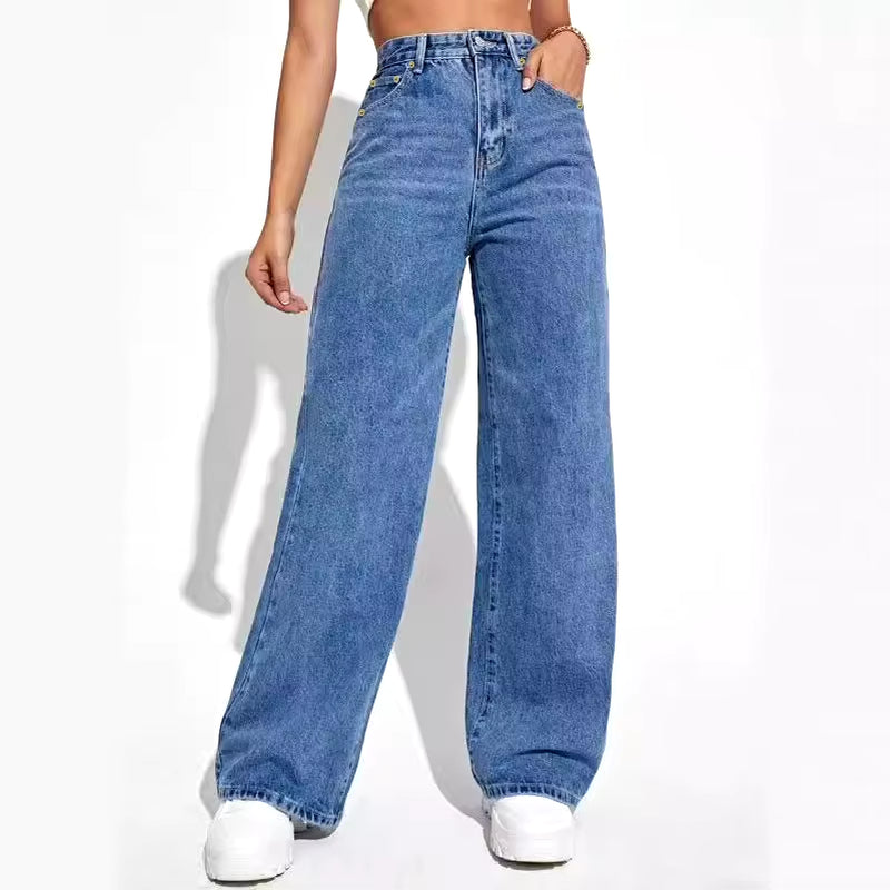 2024 Women's European and American Style High-Waist Loose Denim Wide Leg Pants
