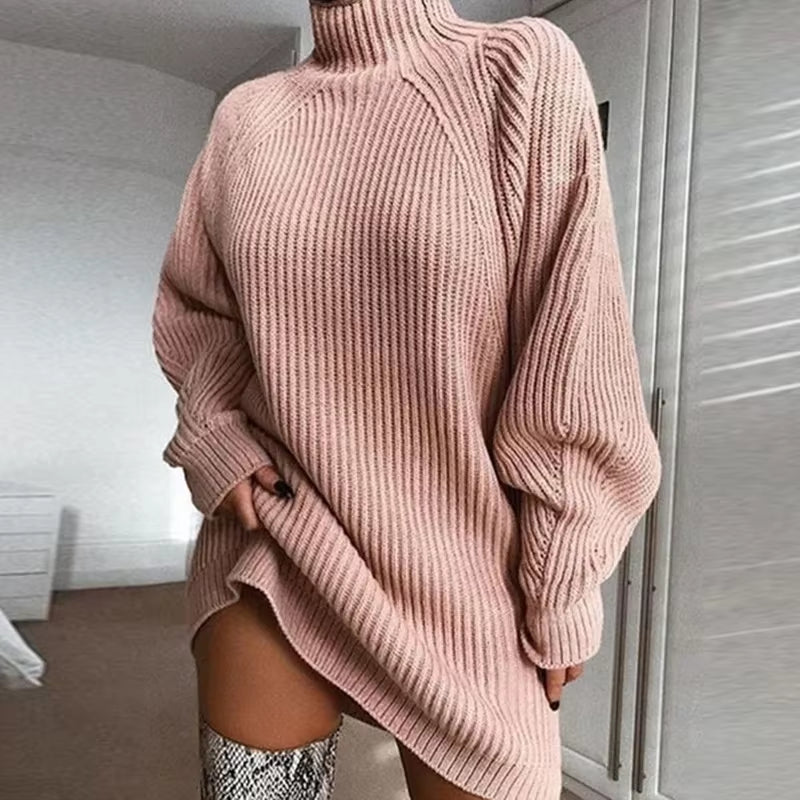 Women's Solid Color Loose Knitted Turtleneck Pullover Dress - Autumn Winter 2023 Collection