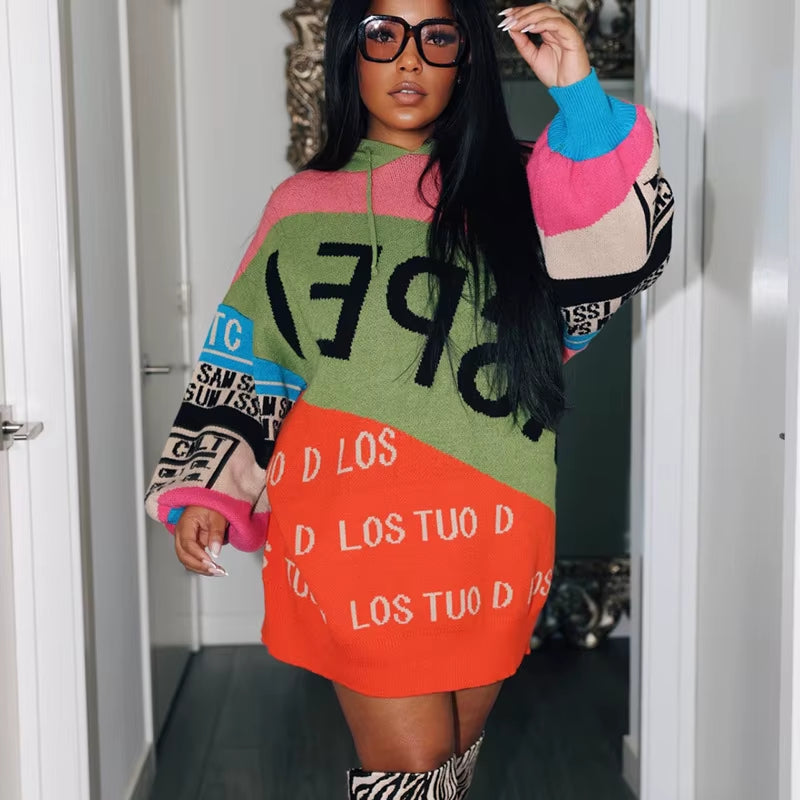 Oshfall Women's Hooded Long Sleeve Sweater with Drawstring and Color Block Design for Autumn and Winter