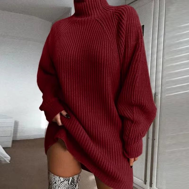 Women's Solid Color Loose Knitted Turtleneck Pullover Dress - Autumn Winter 2023 Collection