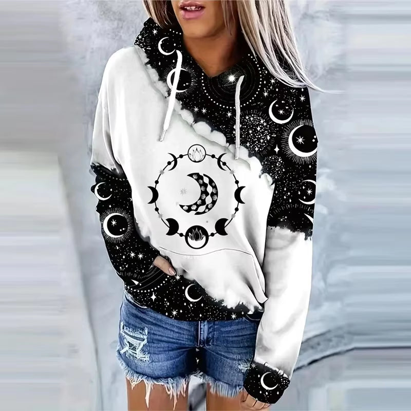 Moon Print Drawstring Hoodie Casual Long Sleeve Hooded Sweatshirt Women'S Clothing