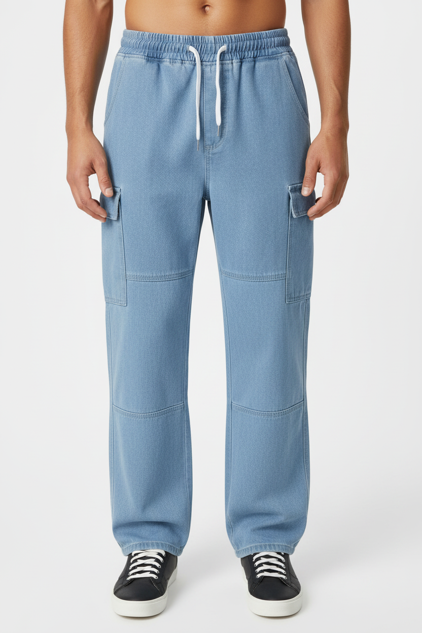 Light Blue Cargo Jeans - Front View Male Model Lower Body