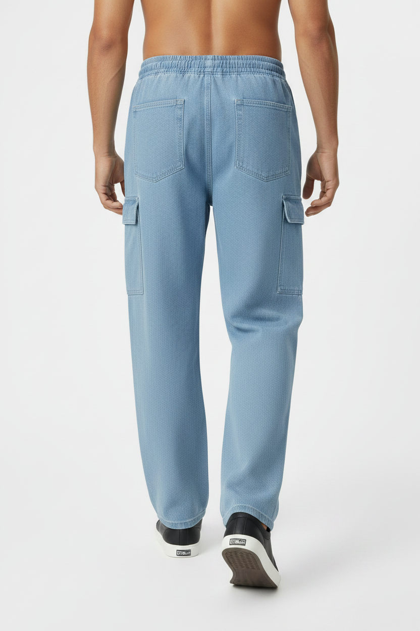 Light Blue Cargo Jeans - Male Model Back View Walking