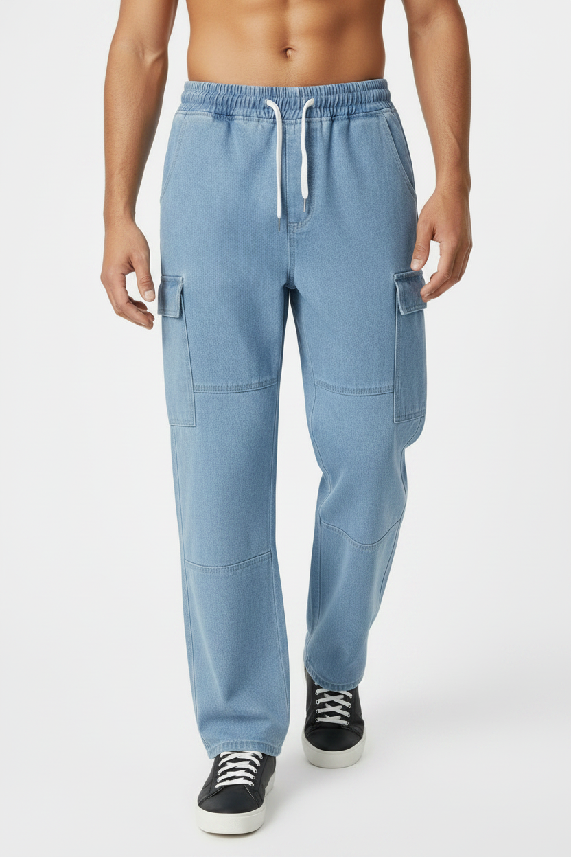 Light Blue Cargo Jeans - Male Model Walking Forward