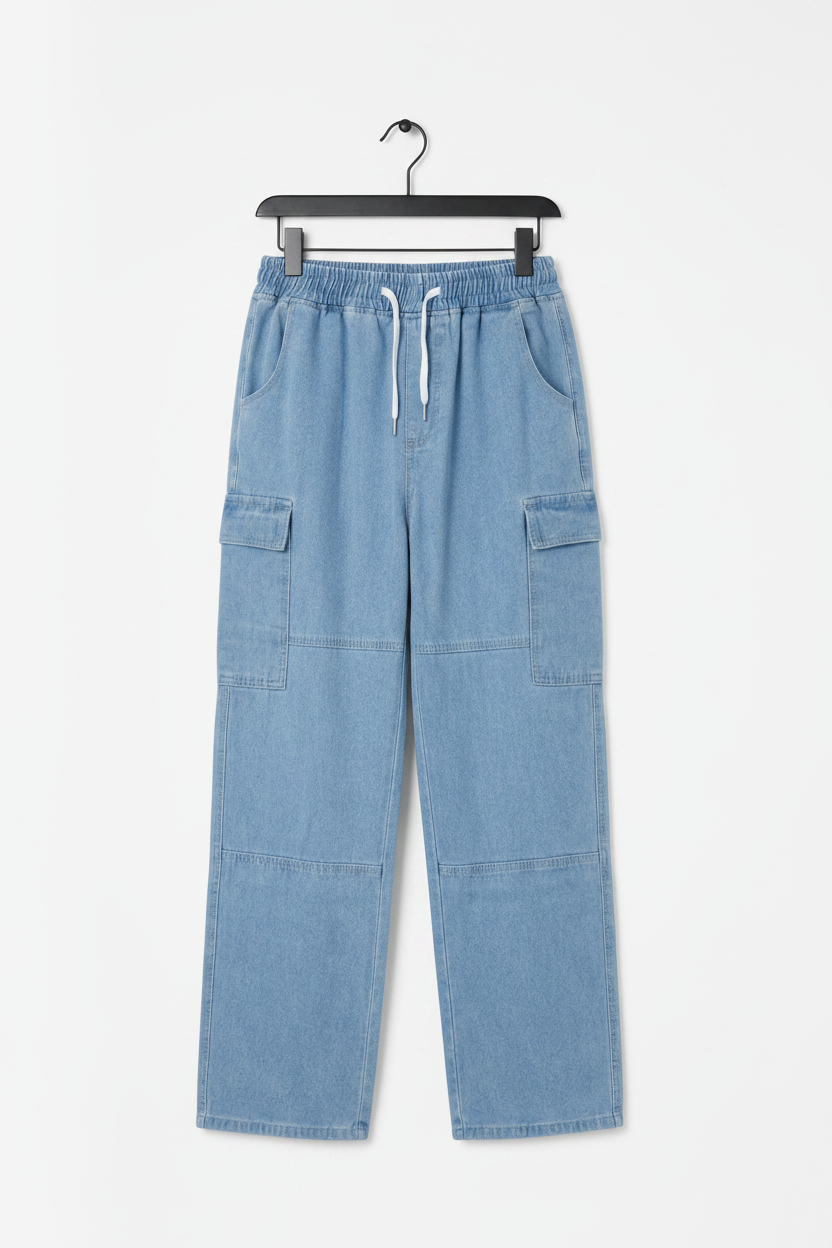 Light Blue Cargo Jeans - Matte Black Hanger White Studio