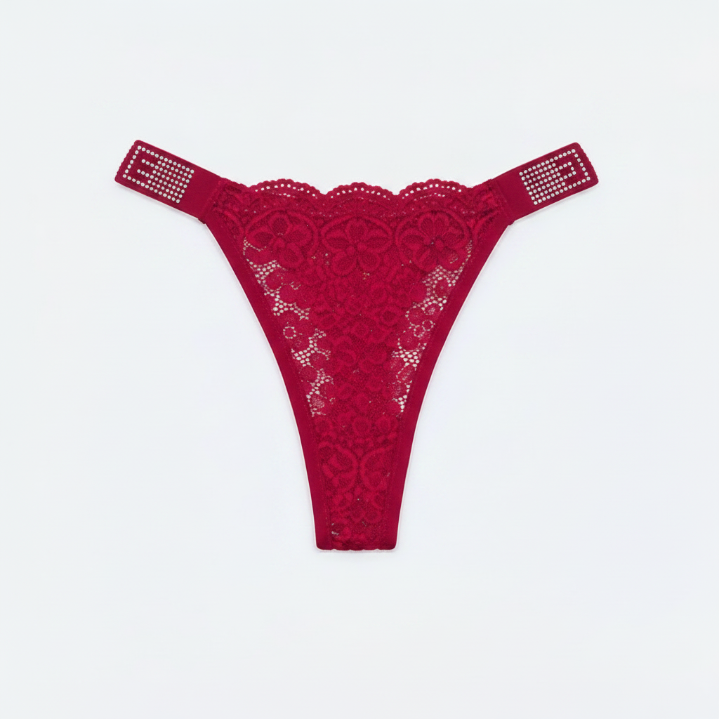 Red Lace Thong — Clean White Flat Lay