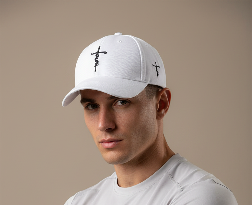 White Faith Cross Cap - Fit Model Beige Studio