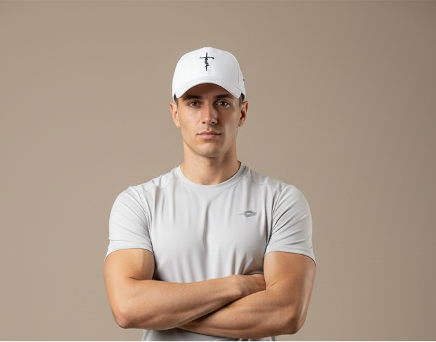 White Faith Cross Cap - Front Pose Beige Studio