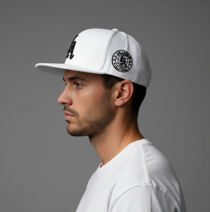 White LA Cap - Male Model Side Profile